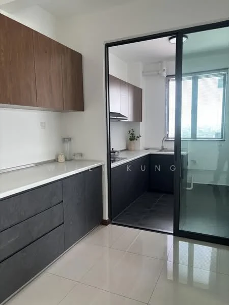 Kitchen features: white quartz countertop, dark grey cabinetry, wooden upper cabinets, stainless-steel sink, chrome pull-down faucet, built-in oven, ceramic tile flooring, recessed downlights, floor-to-ceiling windows, sliding glass door; style: modern; view: city.