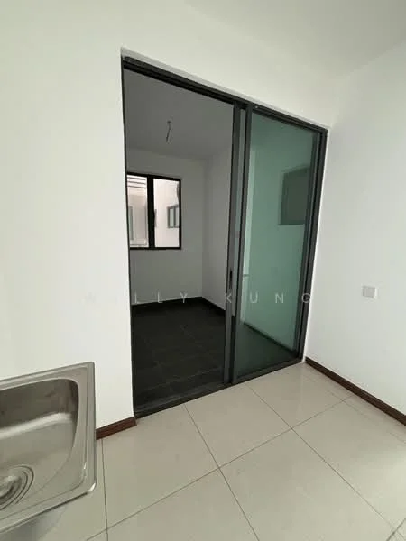Room features: grey tiled flooring, white painted walls, glass sliding door, single-bowl stainless-steel sink, window with black frame, ceiling light fixture, corner wall, neutral color scheme; style: modern.