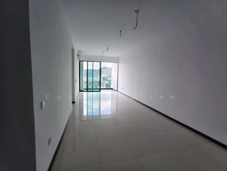 Living features: white painted walls, glossy ceramic tile flooring, floor-to-ceiling windows, sliding glass door, mountain view, recessed downlights, ceiling with exposed wiring, open layout; style: modern; view: mountain.