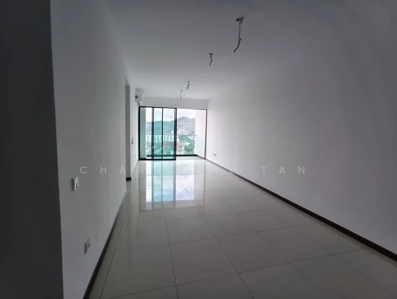 Living features: white painted walls, glossy ceramic tile flooring, floor-to-ceiling windows, sliding glass door, recessed downlights, neutral color scheme, open layout, mountain view; style: modern; view: mountain.