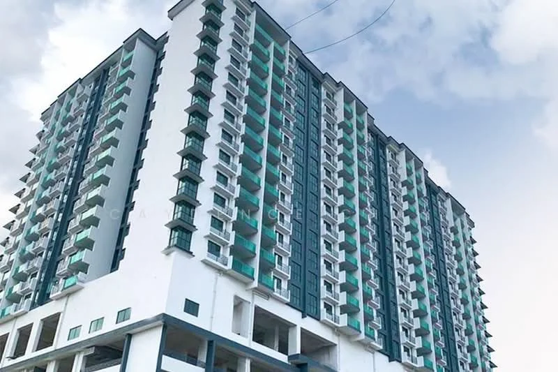 Exterior type: high-rise condominium; features: glass curtain wall, white painted facade, green accent panels, recessed balconies, multiple storeys, approximately 10-storey high-rise, concrete structure, visible electrical wiring, modern architectural design; style: modern.