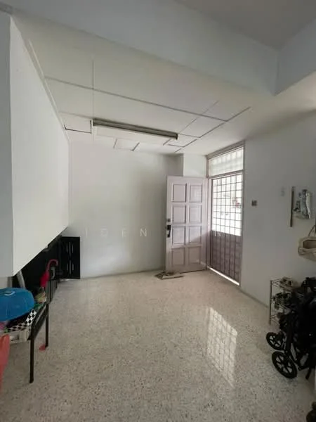 Room features: white painted walls, terrazzo flooring, single door, large window, ceiling light fixture, open layout, corner space, entrance area.