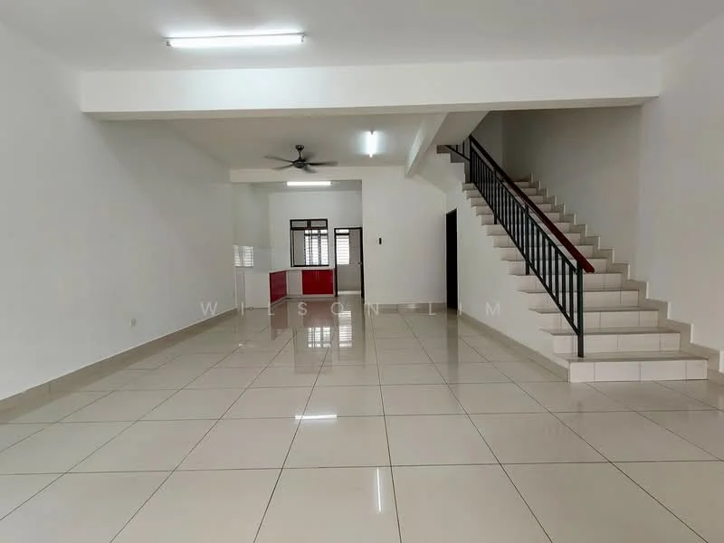 Living features: white painted walls, glossy ceramic tile flooring, 5-blade ceiling fan, large windows with natural light, open layout, staircase with metal railing, neutral color scheme, high ceiling; style: modern.