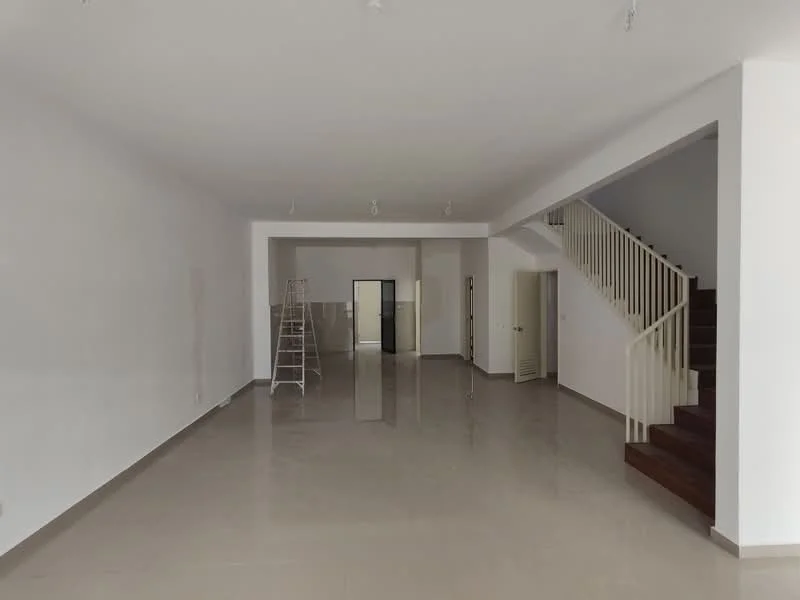 Room features: white painted walls, polished floor tiles, staircase with wooden steps, open layout, recessed ceiling lights, large windows, doorway leading to another room, empty space, no visible furniture; style: modern.