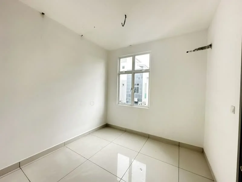 Room features: white painted walls, glossy ceramic tile flooring, single window, natural light, neutral color scheme.