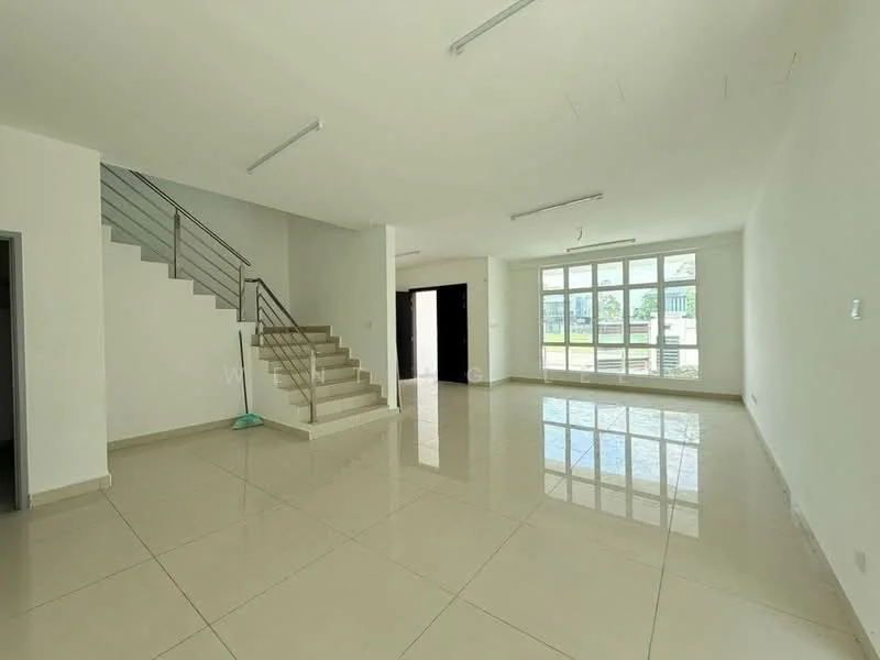 Living features: white painted walls, glossy ceramic tile flooring, large floor-to-ceiling windows, staircase with metal railing, recessed ceiling lights, open layout, natural light, view of outdoor space; style: modern; view: garden.