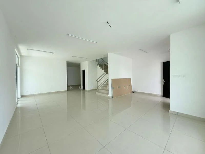 Room features: white painted walls, glossy ceramic tile flooring, recessed ceiling lights, open layout, staircase visible in background, large windows allowing natural light, neutral color scheme, no visible furniture or decor; style: modern.