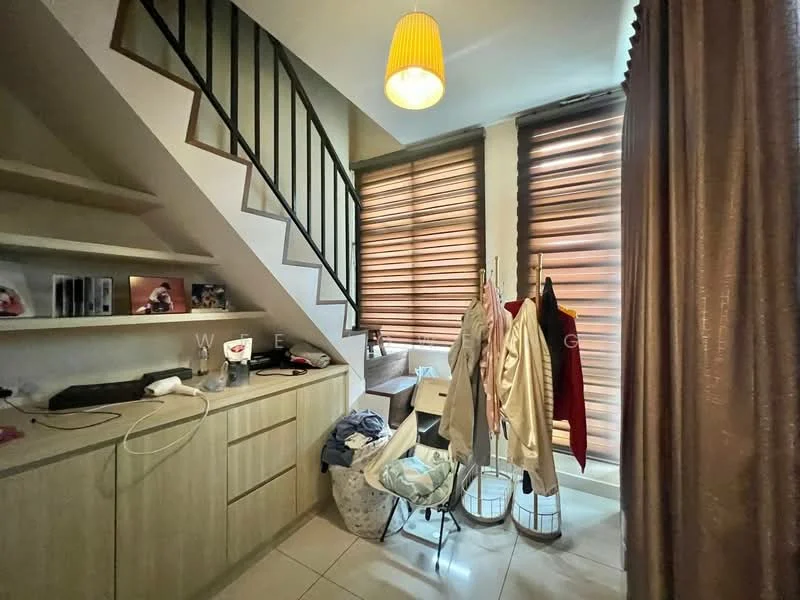 Laundry features: white painted walls, tile flooring, wooden shelving, stainless-steel railing, curtains with horizontal slats, ceiling light fixture, laundry basket, clothes rack, stacked laundry items; style: modern.