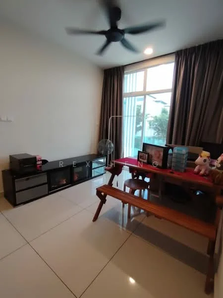 Living features: white painted walls, glossy tile flooring, 5-blade ceiling fan, large floor-to-ceiling windows, brown wooden dining table, wooden benches, black TV console, decorative items on console, curtains, indoor plants; style: modern; view: garden.