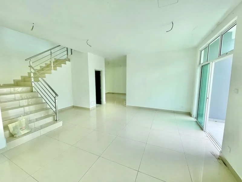 Living features: white painted walls, glossy ceramic tile flooring, large floor-to-ceiling windows, sliding glass door, staircase with metal railing, recessed ceiling lights, open layout, natural light from windows; style: modern; view: garden.