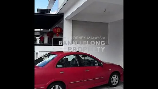 Exterior type: linked terrace house; features: white painted facade, flat roof, car porch with awning, driveway with interlocking pavers, red lanterns visible, manicured landscaping; style: modern.