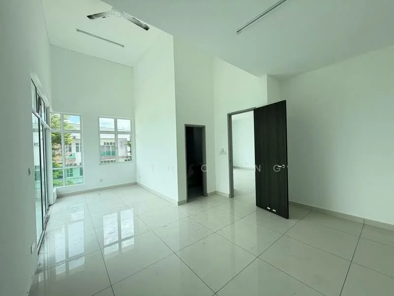 Room features: white painted walls, high ceiling, large windows, floor-to-ceiling windows, sliding glass door, ceramic tile flooring, ceiling fan, natural light, open layout, neutral color scheme, doorway to adjacent room; style: modern; view: garden.