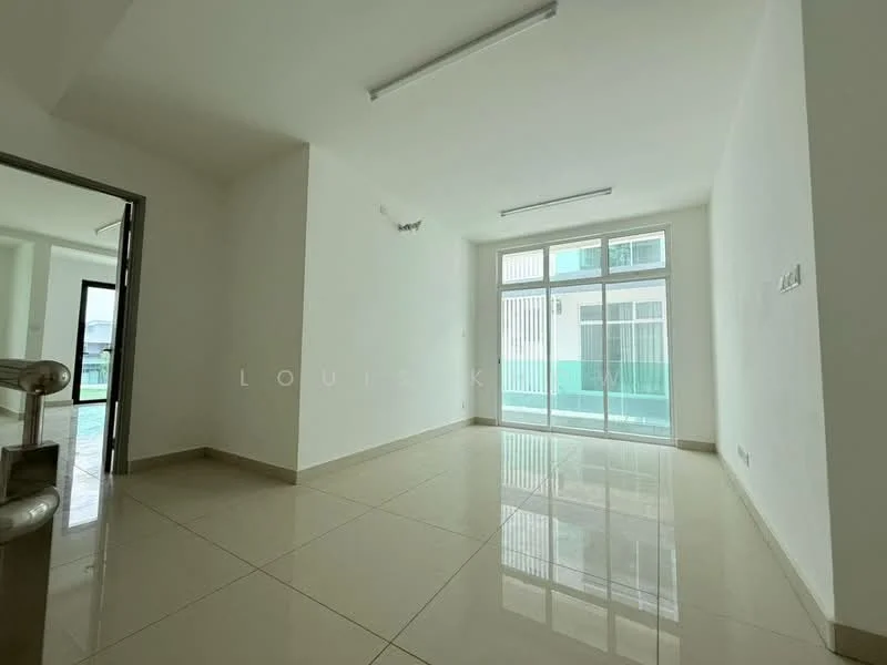 Room features: white painted walls, glossy ceramic tile flooring, large floor-to-ceiling windows, sliding glass door, recessed ceiling lights, neutral color scheme, open layout, natural light from windows; style: modern.