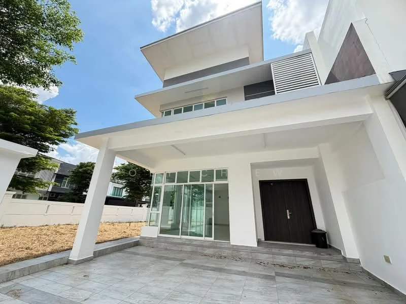 Exterior type: detached bungalow; features: white painted facade, flat roof, large glass windows, stone-paved flooring, covered porch area, manicured lawn, surrounded by greenery, single-storey, modern architectural design; style: modern.