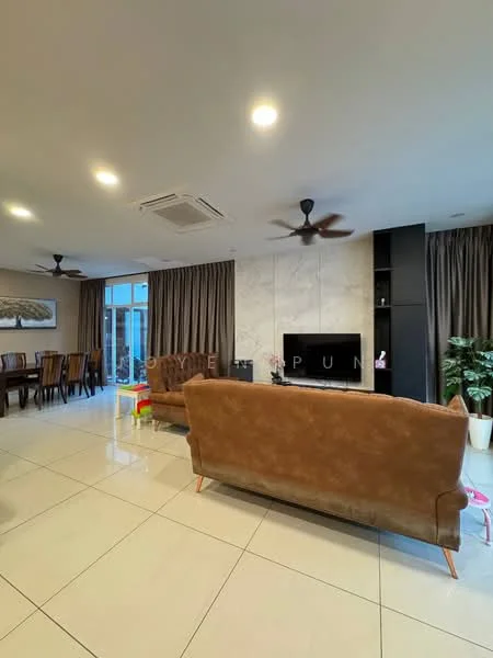 Living features: 2-seater brown leather sofa, 3-seater brown leather sofa, marble feature wall, wall-mounted TV, recessed downlights, 5-blade ceiling fan, large sliding glass door, curtains, tile flooring, decorative plant in pot, dining area visible in background, wooden dining table with chairs; style: modern.