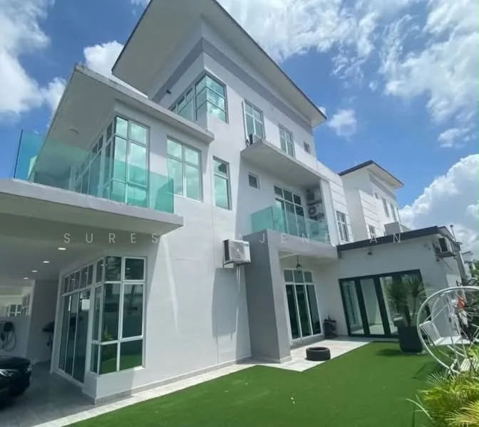 Exterior type: detached bungalow; features: white painted facade, large glass windows, flat roof, manicured lawn, outdoor seating area, air conditioning units visible, surrounding greenery, paved walkway; style: modern.