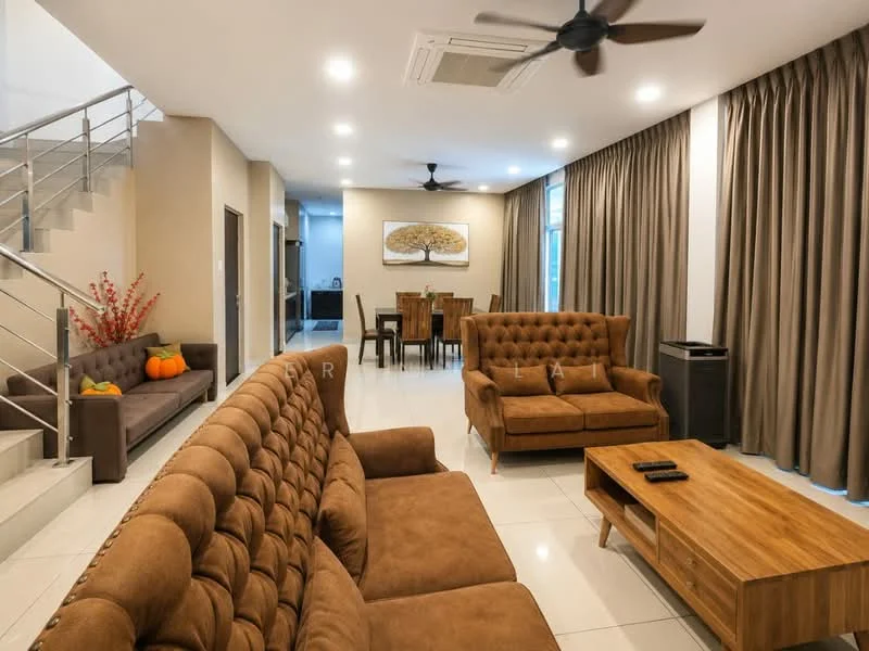 Living features: 3-seater fabric sofa in brown, 2-seater fabric sofa in brown, wood coffee table, wall-mounted TV, recessed LED downlights, ceiling fan, large windows with sheer curtains, white tiled flooring, decorative wall art, potted plants, decorative pumpkins; style: modern. Dining features: 4-seater dining table, wood dining chairs, white walls, large windows with sheer curtains; style: modern.