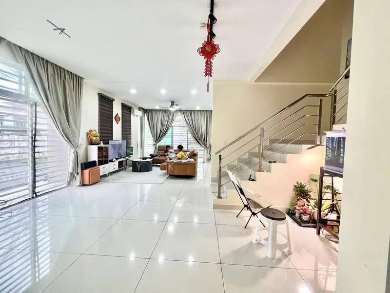 Living features: large floor-to-ceiling windows, grey curtains, white walls, polished ceramic tile flooring, sofa set in brown leather, coffee table, TV console, wall-mounted TV, decorative wall art, LED ceiling lights, open layout to dining area, staircase with metal railing, indoor plants, decorative lantern; style: modern. Room features: white walls, polished ceramic tile flooring, staircase with metal railing, indoor plants.