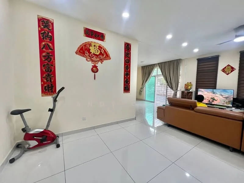 Living features: white painted walls, glossy white tile flooring, ceiling fan, wall-mounted TV, brown leather sofa, decorative wall art, exercise bike, large windows with blinds, sliding glass door leading to outdoor area; style: modern; view: garden.