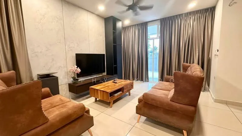 Living features: 2 brown fabric armchairs, 3-seater brown fabric sofa, wooden coffee table, black TV console, wall-mounted flat-screen TV, light grey accent wall, recessed ceiling lights, ceiling fan, floor-to-ceiling curtains, large sliding glass door, white tiled flooring; style: modern; view: garden.