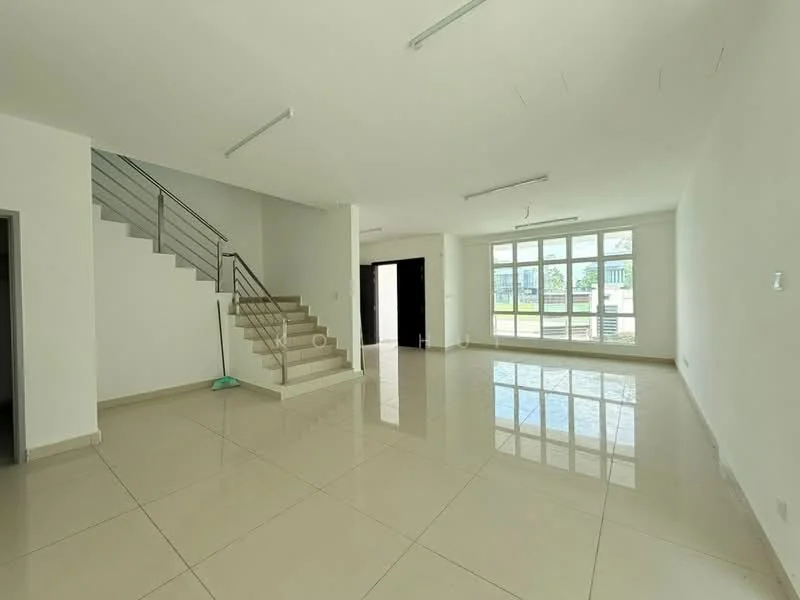 Living features: white painted walls, glossy porcelain tile flooring, large floor-to-ceiling windows, natural light flooding in, staircase with metal railing, recessed ceiling lights, open layout, view of outdoor space; style: modern; view: garden.