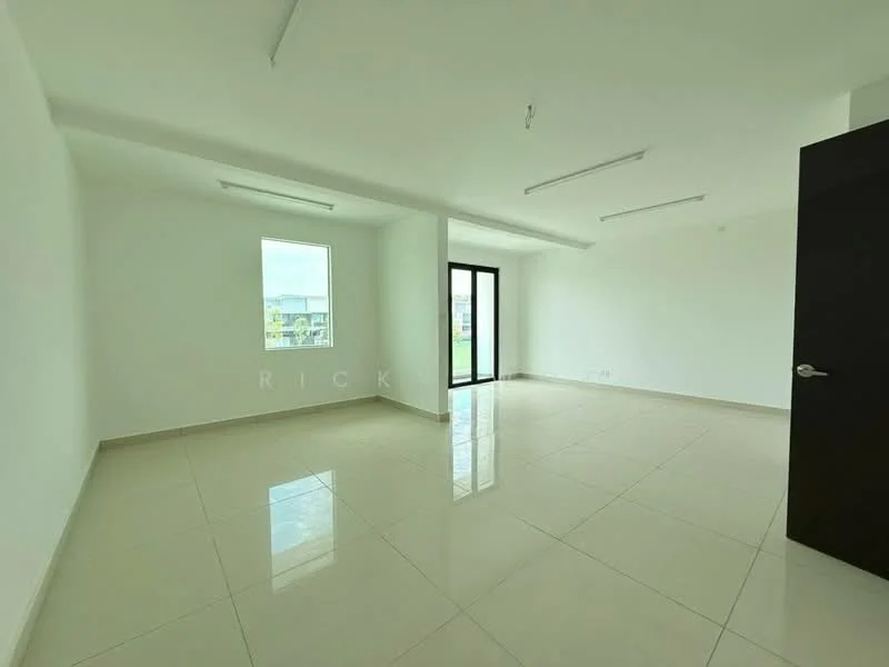 Room features: white painted walls, glossy ceramic tile flooring, large window with view, sliding glass door, recessed LED downlights, ceiling-mounted light fixtures, corner location, neutral color palette; style: modern; view: garden.