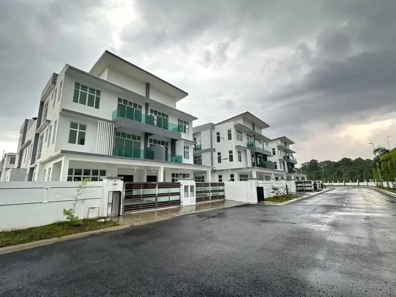 Exterior type: linked terrace house; features: white painted facade, glass balcony railings, flat roof, 2-storey building, manicured landscaping, paved driveway, multiple windows, gated entrance, surrounded by greenery; style: modern.