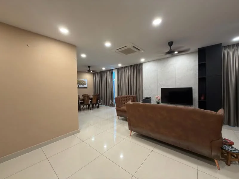 Living features: cream painted walls, white tiled flooring, recessed downlights, 5-blade ceiling fan, wall-mounted TV, black TV console, two brown leather sofas, decorative plant on TV console, curtains, air conditioning unit; style: modern. Dining features: 6-seater dining table, wooden dining chairs, wall artwork; style: modern.