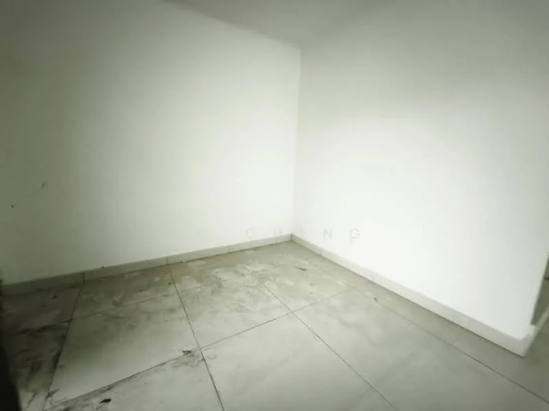 Room features: white painted walls, tile flooring, corner room, no visible windows, minimal decor, empty space.