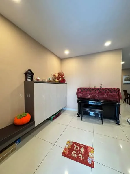 Room features: cream painted walls, white tiled flooring, recessed downlights, black piano, wooden sideboard, decorative tablecloth, decorative items on sideboard, orange decorative cushion, red area rug; style: modern.