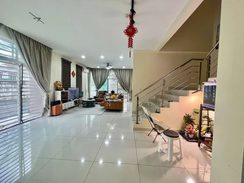 Living features: large floor-to-ceiling windows, grey sheer curtains, white walls, polished ceramic tile flooring, recessed downlights, sofa in brown leather, coffee table, TV console, wall-mounted TV, decorative plants, staircase with metal railing, decorative wall art; style: modern. Room features: white walls, polished ceramic tile flooring, decorative plants, staircase with metal railing.
