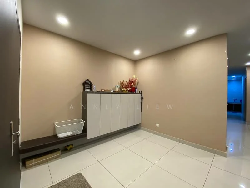 Room features: cream painted walls, white tiled flooring, recessed downlights, built-in cabinetry with grey doors, decorative items on cabinetry, wall-mounted decorative piece, open space layout, entrance area; style: modern.