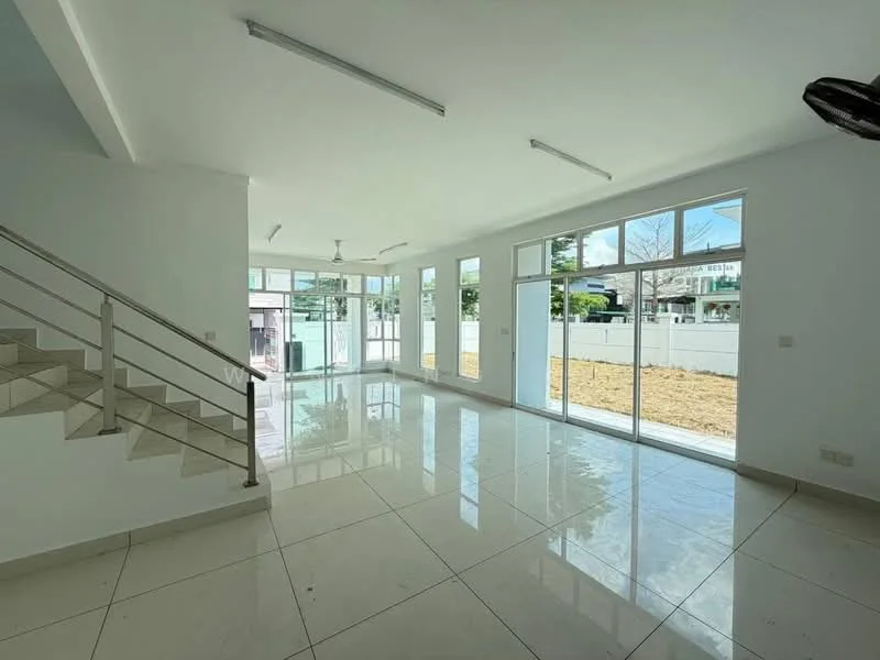 Living features: white painted walls, polished ceramic tile flooring, 5-blade ceiling fan, floor-to-ceiling windows, sliding glass door, natural light, open layout, staircase with metal railing; style: modern; view: garden.