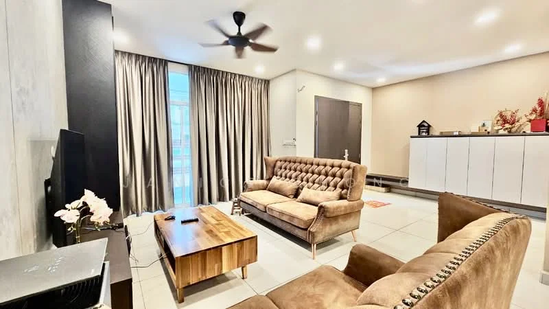 Living features: 3-seater fabric sofa in brown, 2-seater fabric sofa in brown, wooden coffee table, wall-mounted TV, floor-to-ceiling windows, sheer curtains, recessed LED downlights, ceiling fan, decorative wall with light-colored paneling, neutral-colored walls, tile flooring; style: modern.
