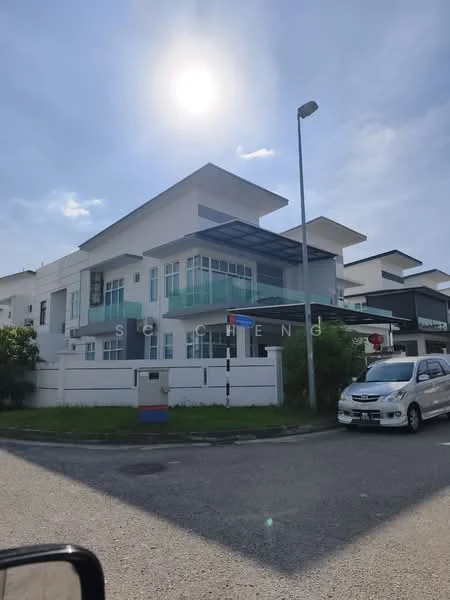 Exterior type: detached bungalow; features: white painted facade, glass curtain wall, flat roof, 2-storey, manicured lawn, surrounded by greenery, driveway with interlocking pavers, large windows, covered porch, street lamp, fenced perimeter; style: modern.