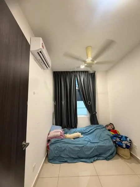 Bedroom features: single bed with blue bedding, floor-to-ceiling window, grey curtains, white painted walls, ceiling fan, wall-mounted split AC, tile flooring, decorative pillows, stuffed toys.