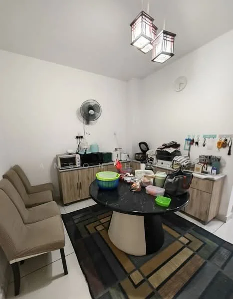 Dining features: round dining table, black table base, beige upholstered dining chairs, ceiling light fixture with multiple shades, wall-mounted fan, white painted walls, tile flooring, kitchen appliances including microwave and toaster, storage cabinets, decorative area rug with geometric pattern; style: modern.