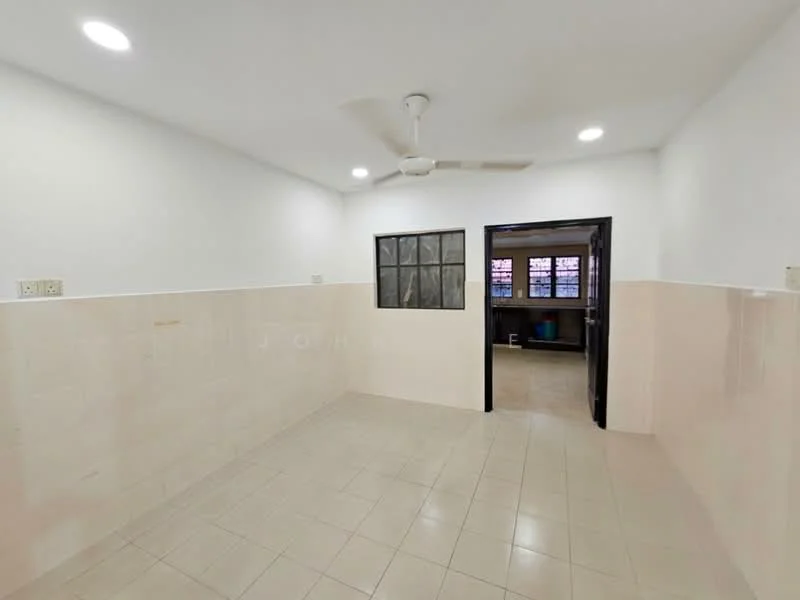 Room features: white painted walls, light beige tiled flooring, ceiling fan, recessed LED downlights, window with black frame, doorway leading to another room; style: modern.