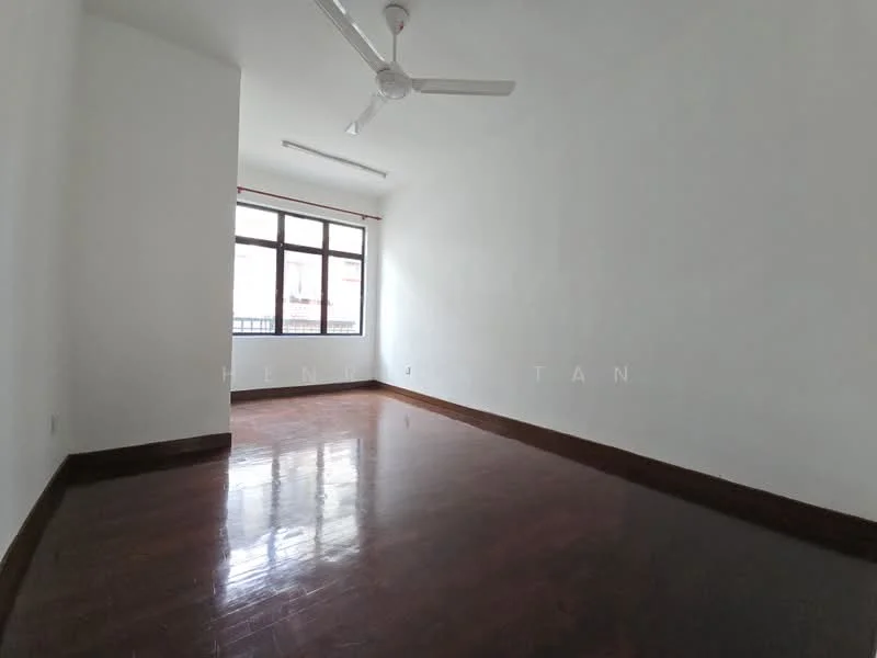Room features: white painted walls, dark wood flooring, ceiling fan, large window, natural light, no visible furniture, plain ceiling, baseboards; style: minimalist.