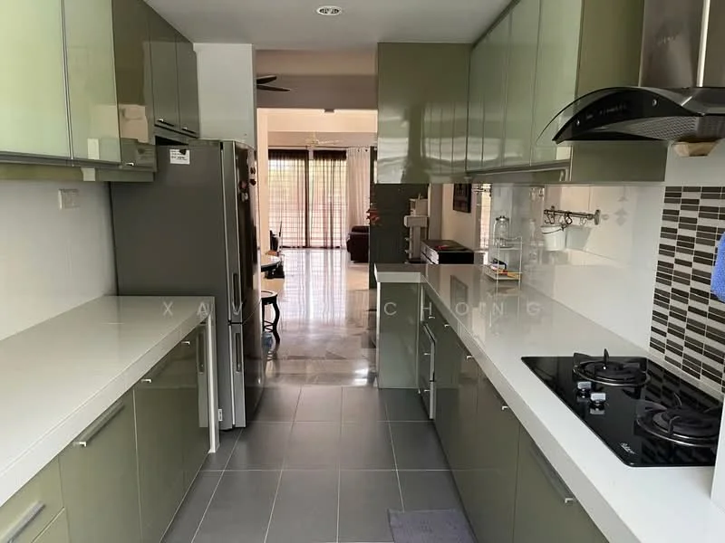 Kitchen features: green cabinetry, white countertops, stainless-steel gas hob, stainless-steel range hood, built-in oven, double-door fridge, grey tile flooring, wall-mounted shelves, backsplash with mosaic pattern, sink with chrome faucet, open layout, natural light from windows, recessed lighting; style: modern.