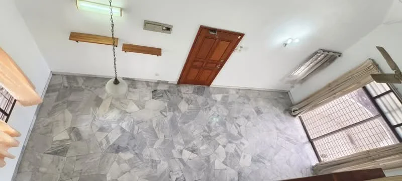 Room features: marble flooring, white painted walls, ceiling fan, wall-mounted air conditioning unit, wooden door, window with sheer curtains, hanging light fixture, two wall-mounted lights.