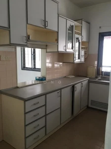 Kitchen features: white cabinetry with silver handles, grey laminate countertop, built-in sink, single-bowl stainless-steel sink, chrome faucet, tile backsplash in beige, wall-mounted cabinets, window with metal grille, floor tile in light beige, built-in refrigerator space, under-cabinet lighting.
