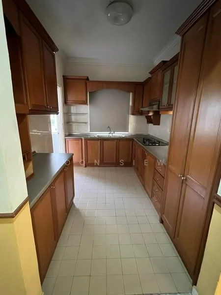 Kitchen features: wood cabinetry, grey countertop, built-in gas stove, oven, double-bowl stainless-steel sink, chrome pull-down faucet, tile backsplash, cream tiled flooring, window above sink, open shelving, pantry cabinet, recessed ceiling light; style: traditional.