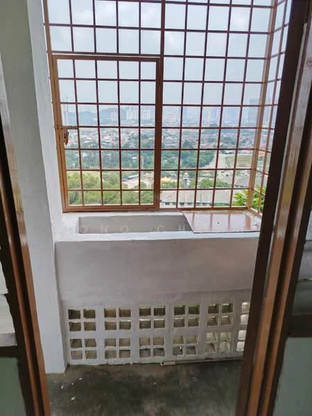 Room features: grill window, concrete wall, concrete floor, city view, open space, ventilation openings, natural light; style: modern; view: city.