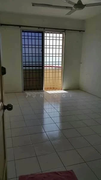 Room features: white painted walls, ceramic tile flooring, sliding glass door, floor-to-ceiling windows, ceiling fan, natural light from windows, balcony access, neutral decor.