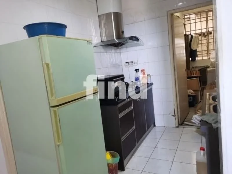 Kitchen features: green fridge, black freestanding range oven, stainless-steel range hood, white tiled walls, white tiled flooring, dark wood cabinetry, sink, countertop, window, doorway leading to another room.