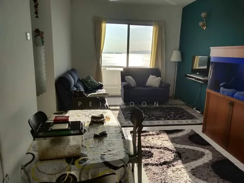Living features: floor-to-ceiling windows, beige curtains, blue fabric sofa, dark grey fabric sofa, wooden TV console, wall-mounted TV, area rug with geometric pattern, light fixture on wall, white painted walls, decorative wall with teal paint, coffee table, dining table with patterned tablecloth, 4 dining chairs; style: modern; view: sea.