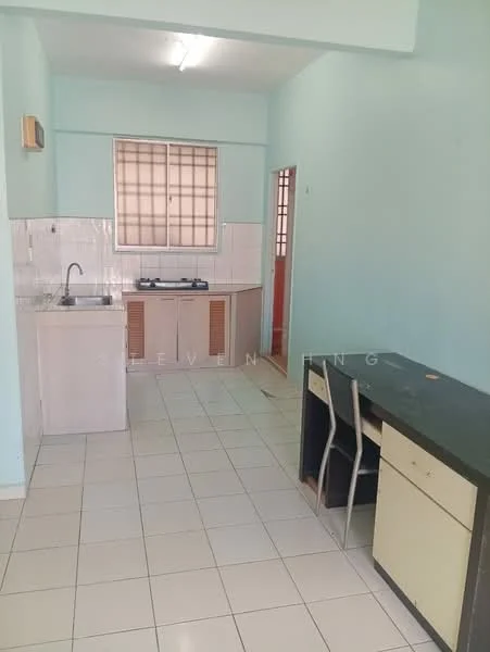 Kitchen features: light blue painted walls, white tiled backsplash, white ceramic tile flooring, single-bowl stainless-steel sink, built-in gas stove with two burners, kitchen countertop, window with grid pattern, desk with two chairs.