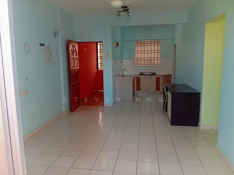 Room features: light blue painted walls, white tiled flooring, kitchen area with countertop, built-in kitchen cabinets, gas stove, sink, window with grid pattern, doorway leading to another room, ceiling light fixture, open layout, no visible appliances, no visible furniture; style: modern.