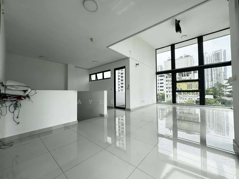 Living features: large floor-to-ceiling windows, white painted walls, polished ceramic tile flooring, recessed downlights, open layout, view of city skyline, air conditioning unit, minimalist design; style: modern; view: city. Room features: white painted walls, polished ceramic tile flooring.